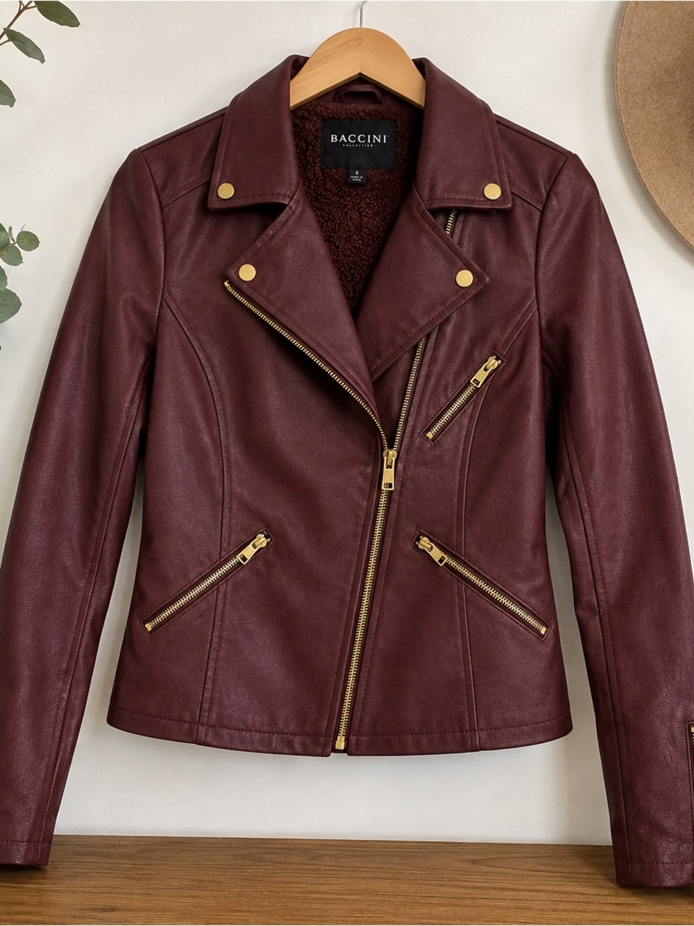 Baccini Women's Wine Faux Leather Moto Jacket, warm fleece lining and gold